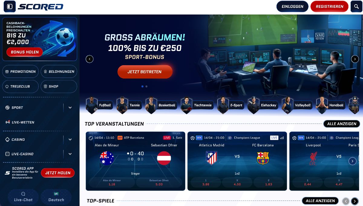 Scored bietet ein vollständig integriertes Sportbuch für Sportwetten Schweiz, das durch eigene Wett-Promos und einen umfassenden Krypto-Support für moderne Tipper überzeugt.